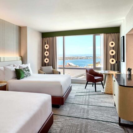 Custom floor and headboard lighting installed in an Omni San Diego Hotel guest suite